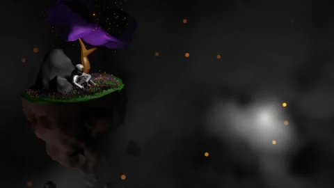 Model of astronaut sitting on asteroid near stylized tree in space. Space abstra Stock Footage 300844984