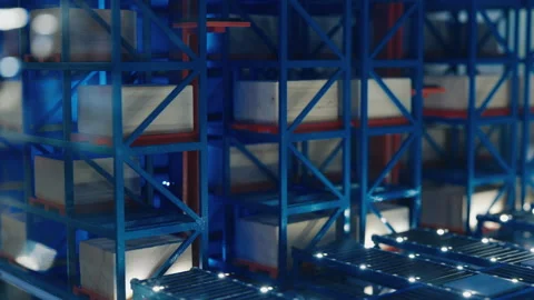 Model of Automated warehouse with stacked pallets and blue shelving Stock Footage 306590829