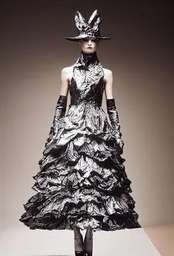 Model with avant garde black disposable garbage bag dress Stock Illustration