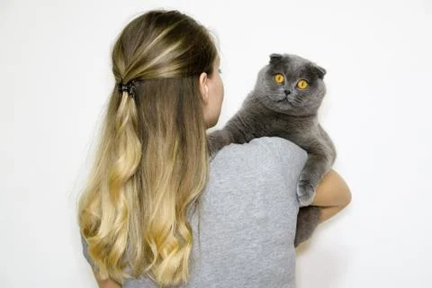 The model is back to the camera and holds the cat in his arms to the right Stock Photos