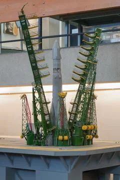 A model of the Baikonur Cosmodrome launch complex with a Soyuz launch vehicle Stock Photos