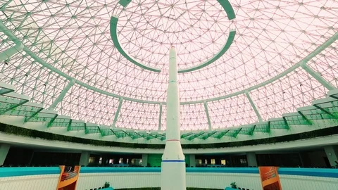 The model of a ballistic missile in the interior of the palace of science Video stock 84117376