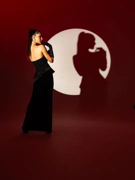 The model in the black dress is posing standing up in the studio. Stock Photos