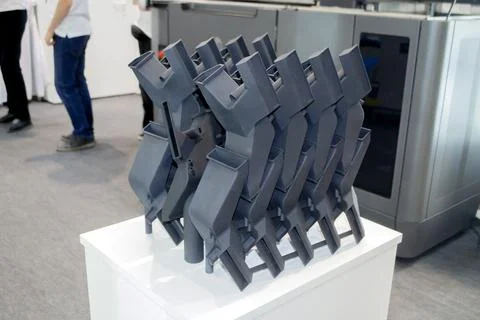 Model black internal combustion engine prototype printed on 3D printer. 스톡 사진