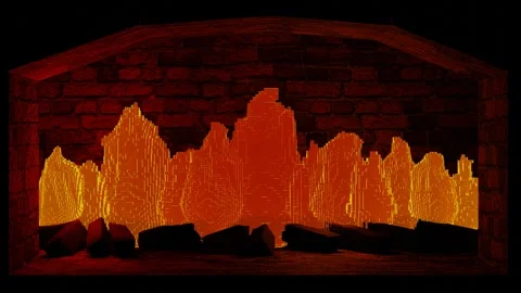 Model of a brick fireplace with stylized burning lights. 3d render looped animat Stock Footage 300845052