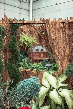 Model building made of natural elements in a holiday display in Grand Rapids Stock Photos