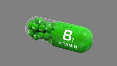 Model of capsule with vitamin B7 in green granule. 3D render. Gray back Stock Footage 292887811