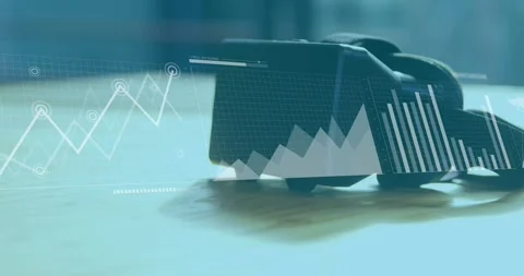 Model car sitting on table, data feeding for analytics spawning line area bar Stock Footage 330463064