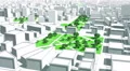 Model of the city. Seamless loop. Camera rotates around roundabout. 4k or 4k+ Resolution
