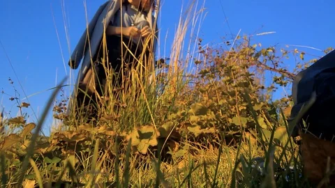 A model in a coat in a park examines dry wild grass in the fall and talks to a 스톡 동영상 101993462