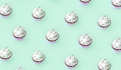 Model of cupcakes on turquoise background seen from above. 3D rendering Stock Illustration