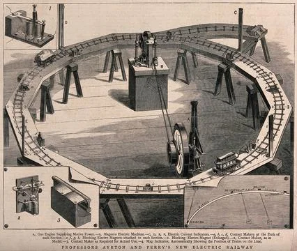 A model electric railway with technical equipment for testing. Wood engravi.. Stock Illustration