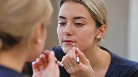A model engages in makeup application with a beauty artist in a studio setting. Stock Footage 337555199