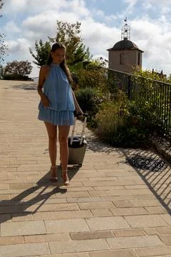 Model facing camera below Ramatuelle bell tower Stock Photos