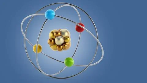 Model of a generic atom isolated on blue background. 3D illustration Stock Illustration