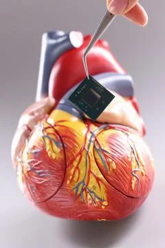 Model of heart with cardiac pacemaker in form of chip 스톡 사진