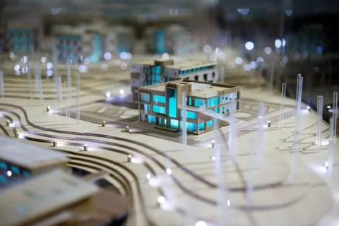 Model house with blue windows Stock Photos