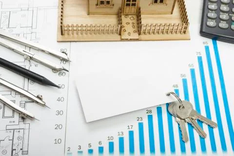 Model house, construction plan for house building, keys, blank business card Fotos de archivo