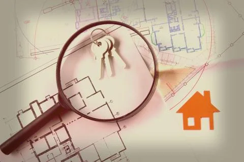 Model house, construction plan for house building, keys. Real Estate Concept Stock-Fotos