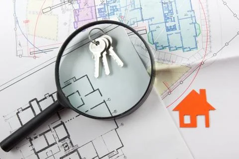 Model house, construction plan for house building, keys. Real Estate Concept Stock Photos