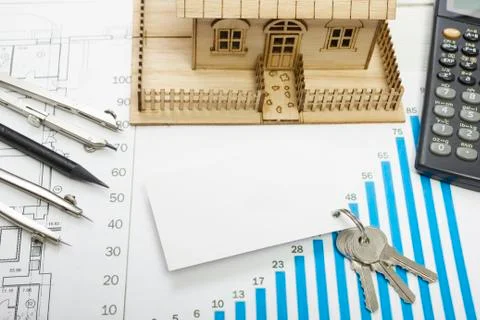 Model house, construction plan for house building, keys, blank business card Fotos de archivo