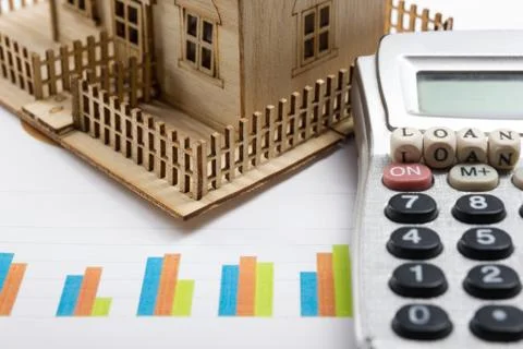 Model house, construction plan for house building, magnifying glass compass Stock Photos