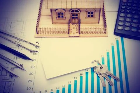 Model house, construction plan for house building, keys, blank business card Fotos de archivo
