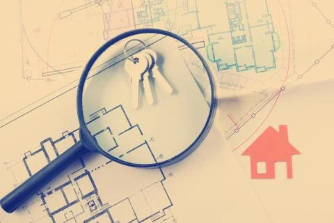 Model house, construction plan for house building, keys. Real Estate Concept Foto stock