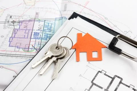 Model house, construction plan for house building, keys. Real Estate Concept Stock Photos