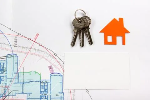 Model house, construction plan for house building, keys. Real Estate Concept Foto stock