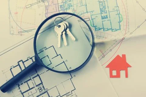 Model house, construction plan for house building, keys. Real Estate Concept Stock Photos