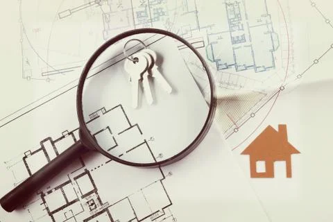 Model house, construction plan for house building, keys. Real Estate Concept Stock-Fotos