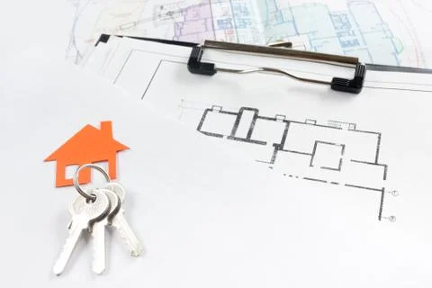 Model house, construction plan for house building, keys. Real Estate Concept Stock Photos