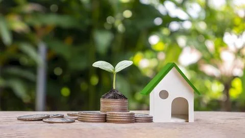 Model house models and trees that grow on piles of coins real estate invest.. Stock Photos