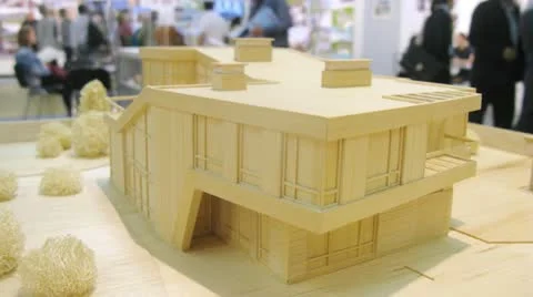 Model of house is presented at exhibition, time lapse Stock Footage
