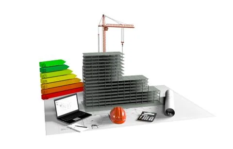 Model house under construction, computer, construction helmet, 3D visualization Illustrazione stock