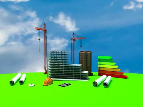 Model house under construction, computer, helmet, 3D visualization Illustrazione stock