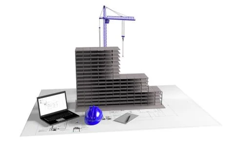 Model house under construction, computer, helmet, 3D visualization Illustrazione stock