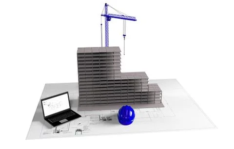 Model house under construction, computer, helmet, 3D visualization Stock Illustration
