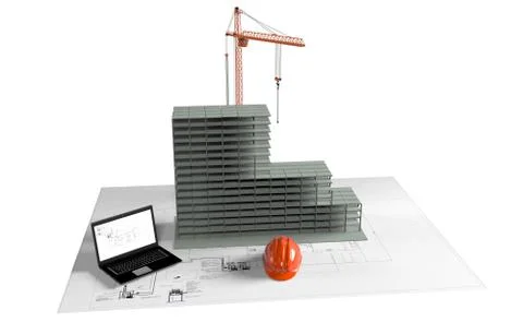 Model house under construction, computer, construction helmet, 3D visualization Illustrazione stock