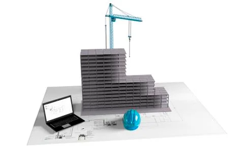 Model house under construction, computer,  helmet, 3D visualizatio Illustrazione stock