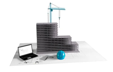 Model house under construction, computer,  helmet, 3D visualizatio Illustrazione stock