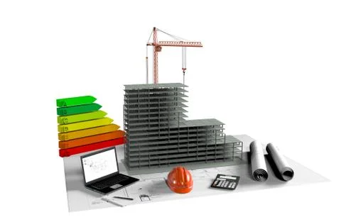 Model house under construction, computer, construction helmet, 3D visualization 스톡 일러스트