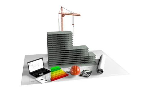 Model house under construction, computer, construction helmet, 3D visualization Stock Illustration