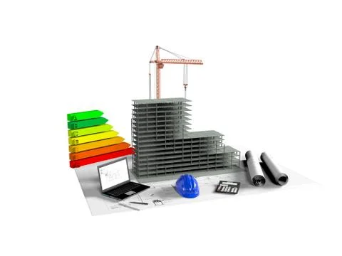 Model house under construction, computer,  helmet, 3D visualizatio Illustrazione stock