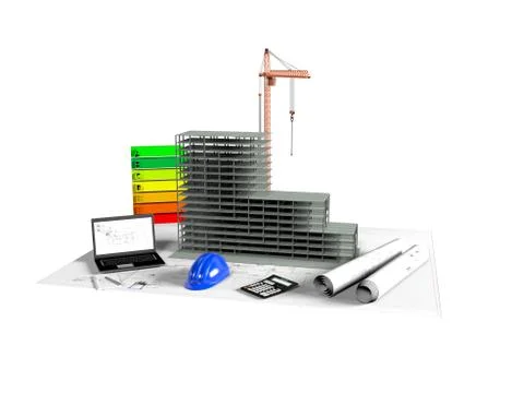 Model house under construction, computer,  helmet, 3D visualizatio Stock Illustration