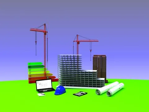 Model house under construction, computer, helmet, 3D visualization Stock Illustration
