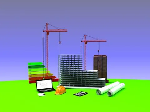 Model house under construction, computer, helmet, 3D visualization Stock Illustration