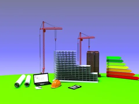 Model house under construction, computer, helmet, 3D visualization Stock Illustration