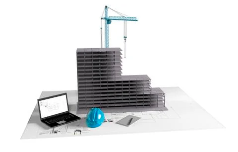 Model house under construction, computer,  helmet, 3D visualizatio Illustrazione stock
